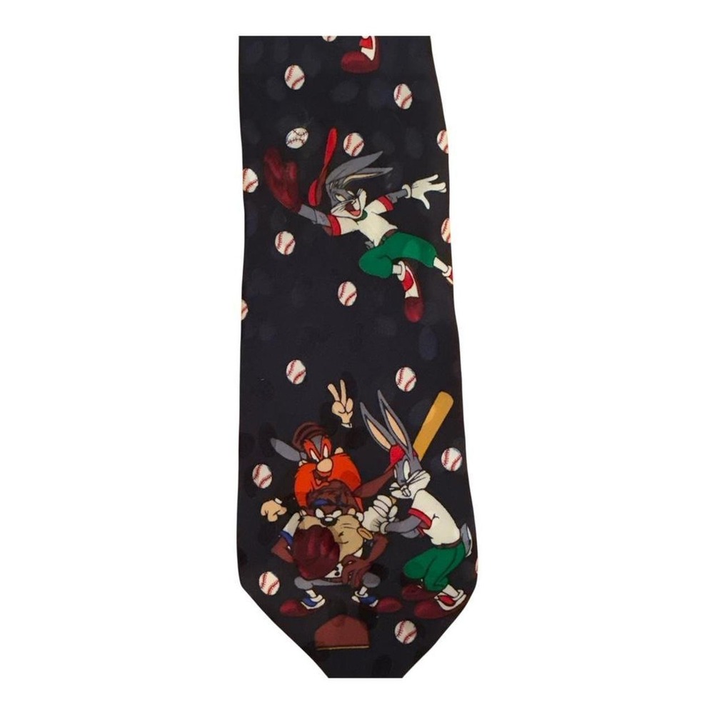 Vintage 90s Looney Tunes Baseball Silk Tie Bugs Bunny Taz Navy Necktie